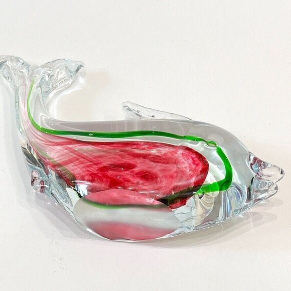 Vintage MCM Murano Fish Art Glass Sculpture Home Decor Green Pink 9 X 7 - Picture 5 of 9